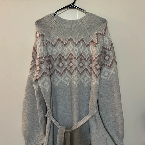 NWT Lucky Brand Gray Aztec Belted Long Sleeve Sweater Dress XL - Picture 2 of 10